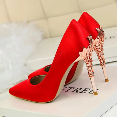 2023, pantofi pentru femei, cu toc sculptat din metal, elegant, din mătase solidă, cu vârf ascuțit, pantofi de rochie de mireasă de 10 cm.