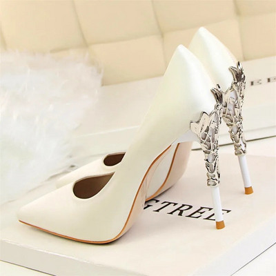 2023, pantofi pentru femei, cu toc sculptat din metal, elegant, din mătase solidă, cu vârf ascuțit, pantofi de rochie de mireasă de 10 cm.