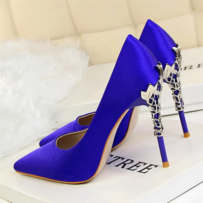 2023, pantofi pentru femei, cu toc sculptat din metal, elegant, din mătase solidă, cu vârf ascuțit, pantofi de rochie de mireasă de 10 cm.