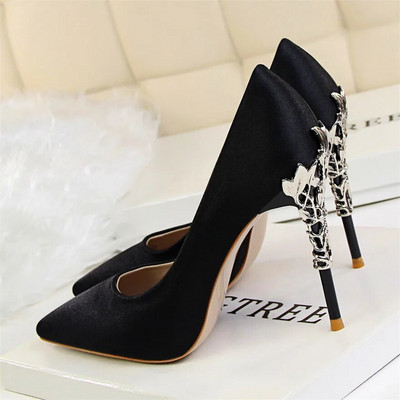 2023, pantofi pentru femei, cu toc sculptat din metal, elegant, din mătase solidă, cu vârf ascuțit, pantofi de rochie de mireasă de 10 cm.