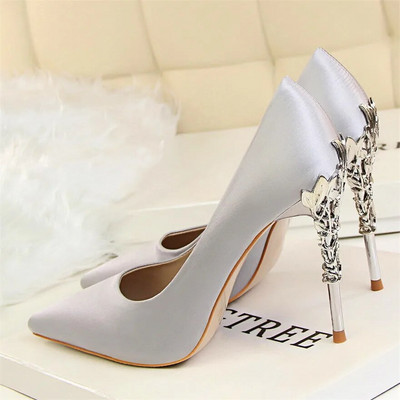 2023, pantofi pentru femei, cu toc sculptat din metal, elegant, din mătase solidă, cu vârf ascuțit, pantofi de rochie de mireasă de 10 cm.
