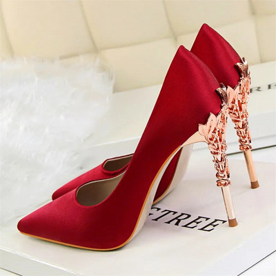 2023, pantofi pentru femei, cu toc sculptat din metal, elegant, din mătase solidă, cu vârf ascuțit, pantofi de rochie de mireasă de 10 cm.