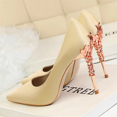 2023, pantofi pentru femei, cu toc sculptat din metal, elegant, din mătase solidă, cu vârf ascuțit, pantofi de rochie de mireasă de 10 cm.