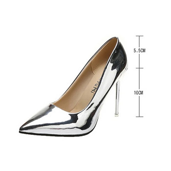 Дамски помпи с високи токчета Сребърни секси лачени кожени тънки обувки за жени Стилети Модни луксозни обувки за сватбено тържество Голям размер