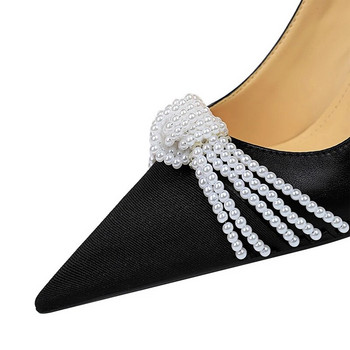 BIGTREE Shoes Pearl Bowknot Women Pumps Луксозни високи токчета Модни парти обувки Дамски токчета Stiletto Дамски обувки Плюс размер 43