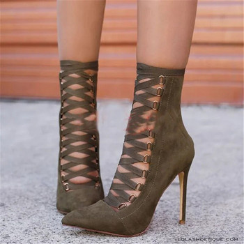 Γυναικεία σανδάλια Flock Lace Up 11 εκ. Λεπτά τακούνια Ψηλοτάκουνα Μυτερή μύτη Γυναικεία παπούτσια με λουράκι αστράγαλο Sandalias Μέγεθος Mujer 35-42