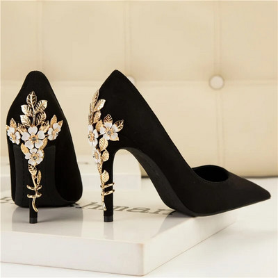 2023 Femeie 10 cm Tocuri înalte Pompe cu flori Damă Nuntă Mireasă Metal Carving Tocuri de lux Glitter Catwalk Stripper Party Pantofi albastri