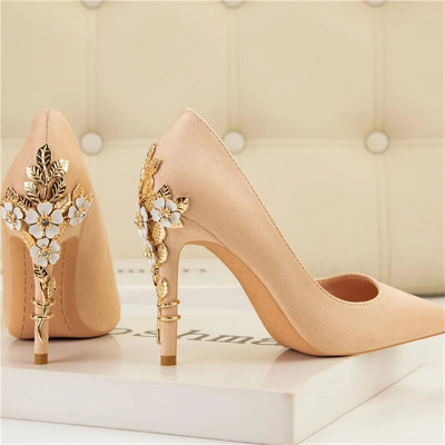 2023 Femeie 10 cm Tocuri înalte Pompe cu flori Damă Nuntă Mireasă Metal Carving Tocuri de lux Glitter Catwalk Stripper Party Pantofi albastri