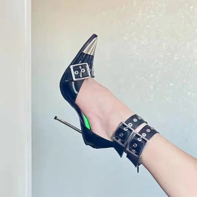 FHANCHU 2023 Sandale cu nituri cu toc înalt, pantofi sexy de primăvară la modă, pantofi de damă, vârf ascuțit, stil punk, negru, dropship