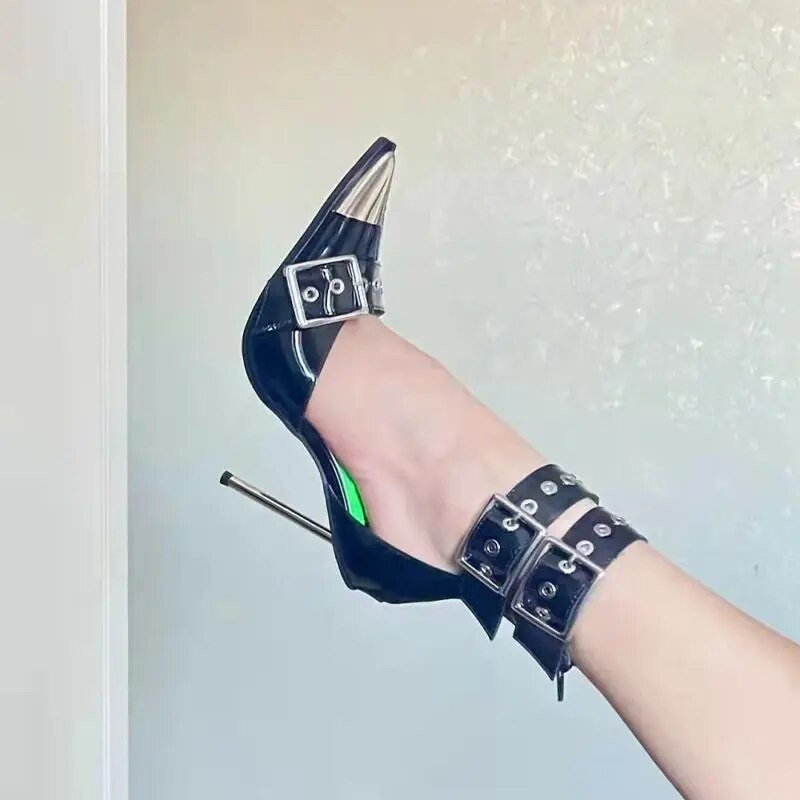 FHANCHU 2023 jauna dizaina kniedes augstpapēžu sandales, modes seksīgi pavasara apavi, sieviešu pumpas, smails purngals, panku stils, melns, dropship