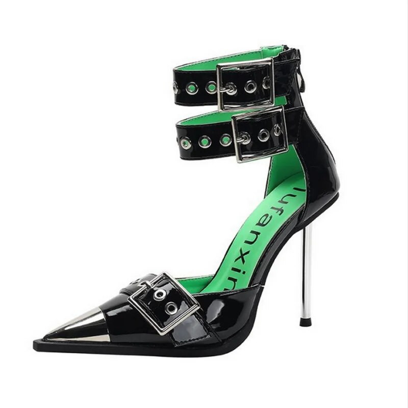 FHANCHU 2023 jauna dizaina kniedes augstpapēžu sandales, modes seksīgi pavasara apavi, sieviešu pumpas, smails purngals, panku stils, melns, dropship