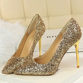Femei 7cm 9.5cm Tocuri înalte Pompe Nunta Mireasa Scarpins Sparkly Mid Tocs Lady Party Paiete Glitter Seara Aur Argintiu Pantofi
