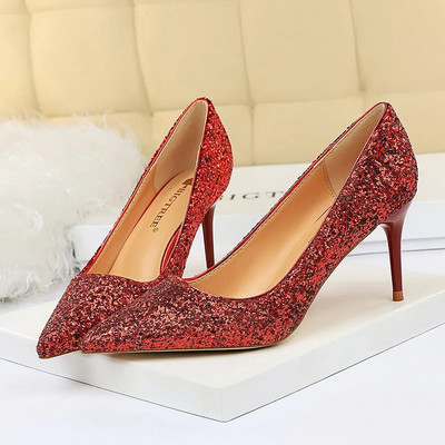 Femei 7cm 9.5cm Tocuri înalte Pompe Nunta Mireasa Scarpins Sparkly Mid Tocs Lady Party Paiete Glitter Seara Aur Argintiu Pantofi