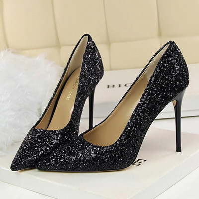 Femei 7cm 9.5cm Tocuri înalte Pompe Nunta Mireasa Scarpins Sparkly Mid Tocs Lady Party Paiete Glitter Seara Aur Argintiu Pantofi