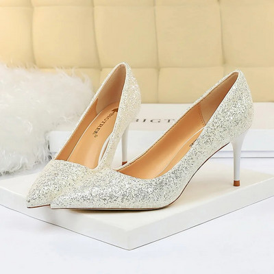 Femei 7cm 9.5cm Tocuri înalte Pompe Nunta Mireasa Scarpins Sparkly Mid Tocs Lady Party Paiete Glitter Seara Aur Argintiu Pantofi