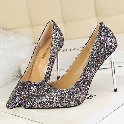 Femei 7cm 9.5cm Tocuri înalte Pompe Nunta Mireasa Scarpins Sparkly Mid Tocs Lady Party Paiete Glitter Seara Aur Argintiu Pantofi