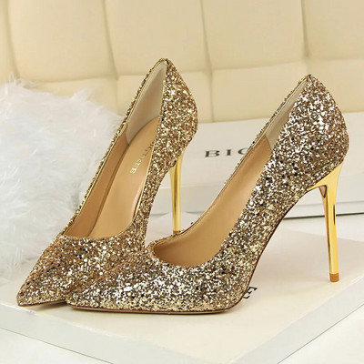 Femei 7cm 9.5cm Tocuri înalte Pompe Nunta Mireasa Scarpins Sparkly Mid Tocs Lady Party Paiete Glitter Seara Aur Argintiu Pantofi