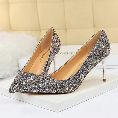 Femei 7cm 9.5cm Tocuri înalte Pompe Nunta Mireasa Scarpins Sparkly Mid Tocs Lady Party Paiete Glitter Seara Aur Argintiu Pantofi