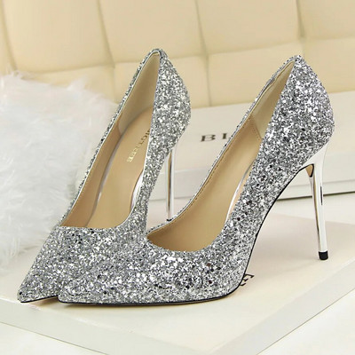 Femei 7cm 9.5cm Tocuri înalte Pompe Nunta Mireasa Scarpins Sparkly Mid Tocs Lady Party Paiete Glitter Seara Aur Argintiu Pantofi