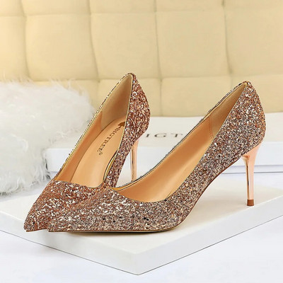 Femei 7cm 9.5cm Tocuri înalte Pompe Nunta Mireasa Scarpins Sparkly Mid Tocs Lady Party Paiete Glitter Seara Aur Argintiu Pantofi