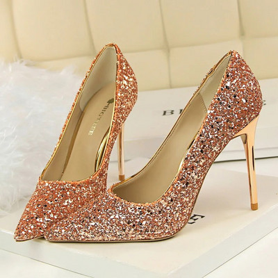 Femei 7cm 9.5cm Tocuri înalte Pompe Nunta Mireasa Scarpins Sparkly Mid Tocs Lady Party Paiete Glitter Seara Aur Argintiu Pantofi
