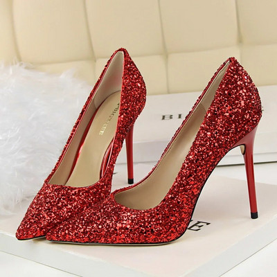 Femei 7cm 9.5cm Tocuri înalte Pompe Nunta Mireasa Scarpins Sparkly Mid Tocs Lady Party Paiete Glitter Seara Aur Argintiu Pantofi