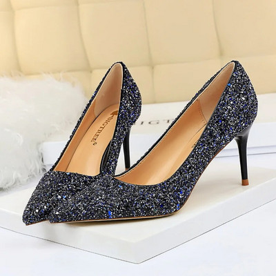 Femei 7cm 9.5cm Tocuri înalte Pompe Nunta Mireasa Scarpins Sparkly Mid Tocs Lady Party Paiete Glitter Seara Aur Argintiu Pantofi