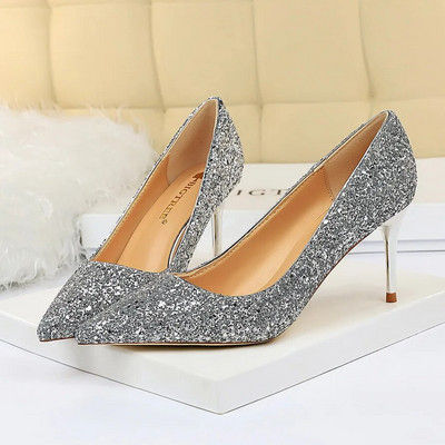 Femei 7cm 9.5cm Tocuri înalte Pompe Nunta Mireasa Scarpins Sparkly Mid Tocs Lady Party Paiete Glitter Seara Aur Argintiu Pantofi