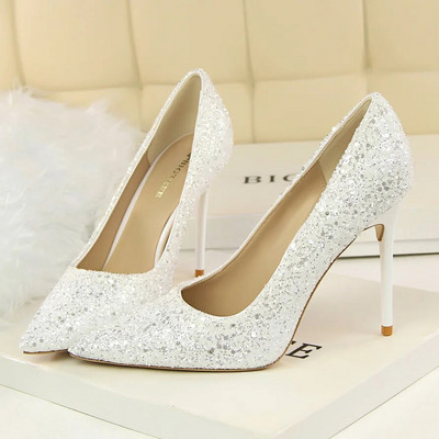 Femei 7cm 9.5cm Tocuri înalte Pompe Nunta Mireasa Scarpins Sparkly Mid Tocs Lady Party Paiete Glitter Seara Aur Argintiu Pantofi