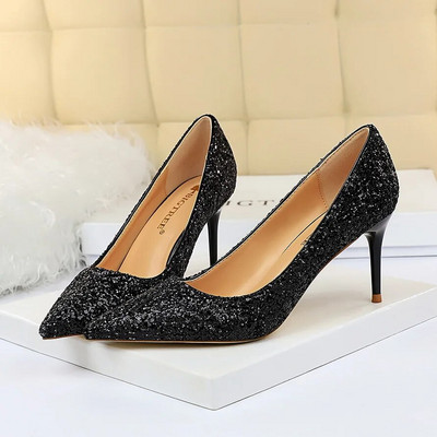 Femei 7cm 9.5cm Tocuri înalte Pompe Nunta Mireasa Scarpins Sparkly Mid Tocs Lady Party Paiete Glitter Seara Aur Argintiu Pantofi