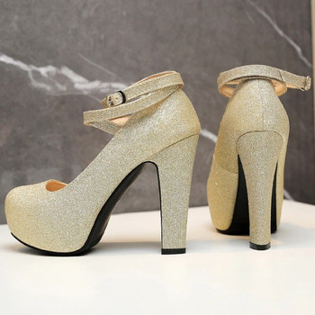 Дамски обувки с високи токчета на платформа 2023 Пролетни презрамки Златни, сребърни Сватбени офис обувки за парти Дамски големи размери 45 50