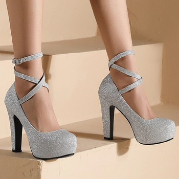 Дамски обувки с високи токчета на платформа 2023 Пролетни презрамки Златни, сребърни Сватбени офис обувки за парти Дамски големи размери 45 50