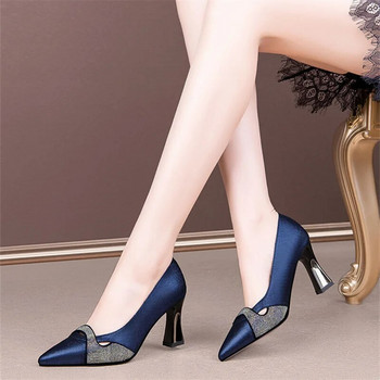 2023 Дамски класически тъмносини кристални блестящи обувки на висок ток Дамски пролетни и летни комфортни стилни помпи Mulheres