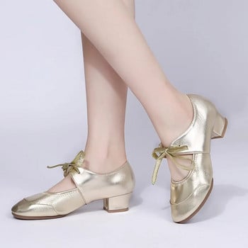 Дамски танцуващи бални латино балетни обувки с кръгли пръсти, квадратни ниски токчета, плътни меки кожени обувки, дамски големи размери