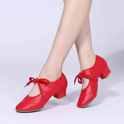 Pantofi de balet latin de bal de bal pentru dame, cu vârf rotund, cu șireturi, cu toc pătrat, pantofi din piele moale, pline de mărime, pentru femei