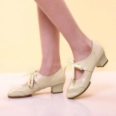 Pantofi de balet latin de bal de bal pentru dame, cu vârf rotund, cu șireturi, cu toc pătrat, pantofi din piele moale, pline de mărime, pentru femei