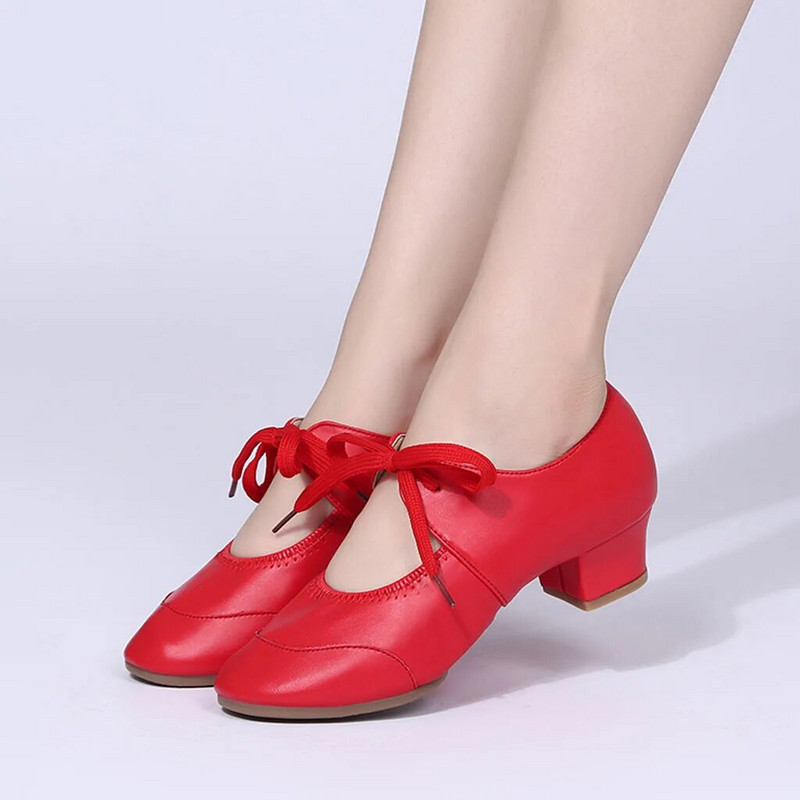 Sieviešu dejošanas balles balles kurpes Latīņamerikas baleta kurpes apaļas purngala šņorējamas kvadrātveida zemi papēži, masīvīgi mīkstas ādas apavi sievietēm liela izmēra