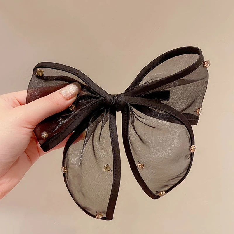 Jauna lielizmēra melna mežģīņu auduma bantīšu lente matu sprādze sievietēm, meitenēm, strass, pavasara matu sprādze, galvas saite, matu rotaslietas aksesuāri