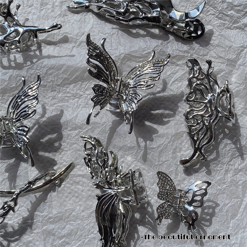 Y2k ģeometriskas spīļu skavas sievietēm lielas metāla sudraba krāsas korejiešu modes haizivju matu sprādzes, satvērēju skavas Meiteņu matu aksesuāri