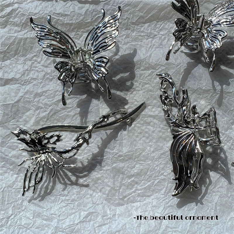 Y2k ģeometriskas spīļu skavas sievietēm lielas metāla sudraba krāsas korejiešu modes haizivju matu sprādzes, satvērēju skavas Meiteņu matu aksesuāri