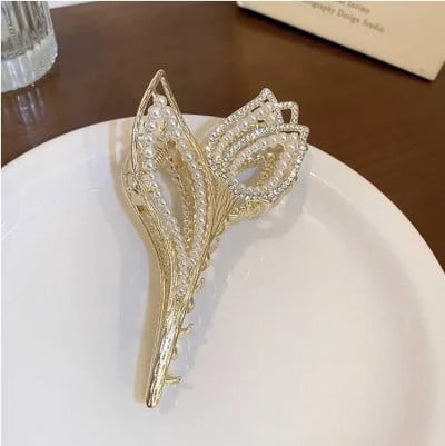 Fashion Pearl Tulip Catch Clip Γυναικείο Καλοκαιρινό Μεγάλο Κλιπ Νύχι Αλογοουρά Shark Clip Rhinestones Γυναικείο κλιπ μαλλιών Heawear