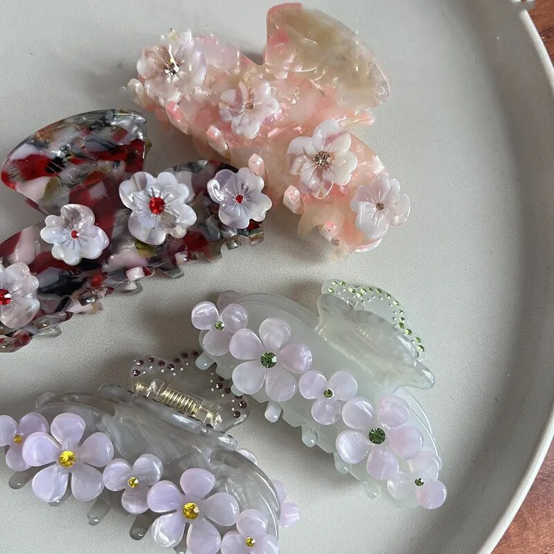 Muweordy Rhinestone Flower matu spīles Acetāta spīļu saspraudes Krāsainas, saldas matu sprādzes Populāri matu fiksatori Sieviešu matu aksesuāri