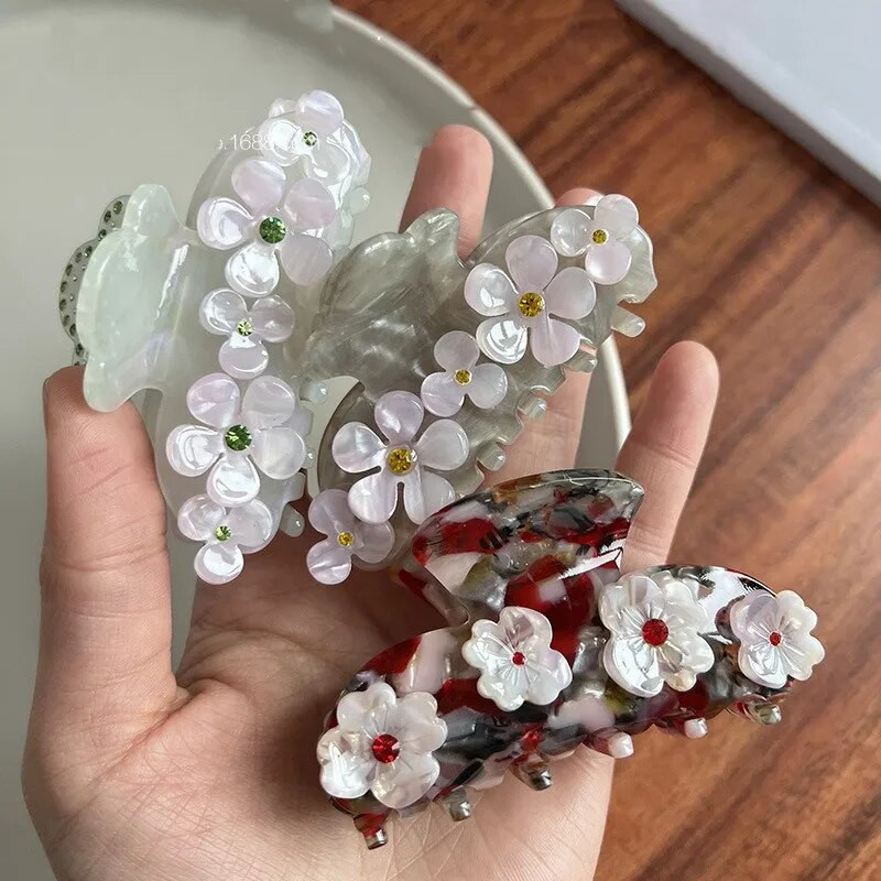 Muweordy Rhinestone Flower matu spīles Acetāta spīļu saspraudes Krāsainas, saldas matu sprādzes Populāri matu fiksatori Sieviešu matu aksesuāri