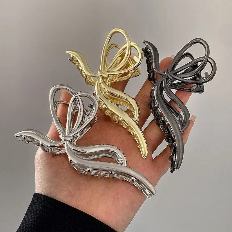 Liels Bowknot sieviešu matu spīļu skava bieziem, plāniem matiem Aksesuāri Moderni Eleganti Zelta Sudraba Metāla Streamer Krabju Skavas Rotaslietas