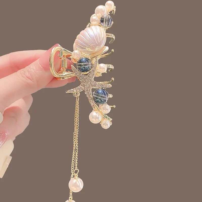 Jauni pērļu rhinestones pušķis jūraszvaigznes čaulas matu spīles sakausējums matu sprādzes sievietes meitenes modernas zirgastes matu sprādzes galvassegu aksesuāri