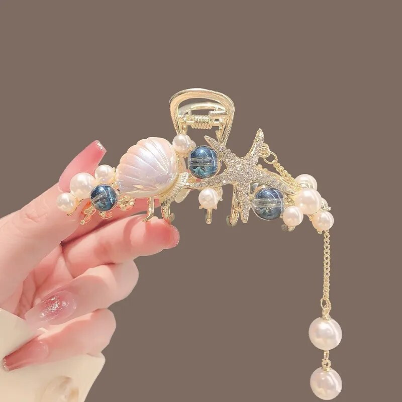 Jauni pērļu rhinestones pušķis jūraszvaigznes čaulas matu spīles sakausējums matu sprādzes sievietes meitenes modernas zirgastes matu sprādzes galvassegu aksesuāri