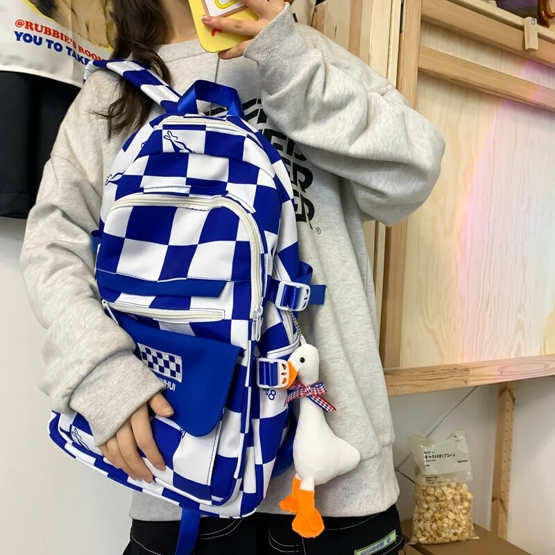 Sieviešu mugursoma ūdensnecaurlaidīga daudzkabatu neilona grāmatu soma Preppy rūtainā skolas soma pusaudžiem, klēpjdatora mugursoma ceļojumu soma