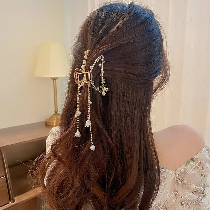 Pērļu imitācijas ziedu dekors, apburošs matu spīles sievietēm, meitenēm, liela izmēra zvana orhideja matu skavas, spīļu matu aksesuāri