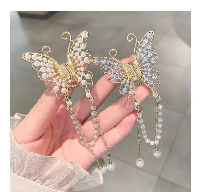 2023. gada jauns sieviešu tauriņu pērļu pušķu matu spīle, rhinestone klips, korejiešu vienkāršais haizivs zirgaste krabju klips meiteņu matu aksesuāri