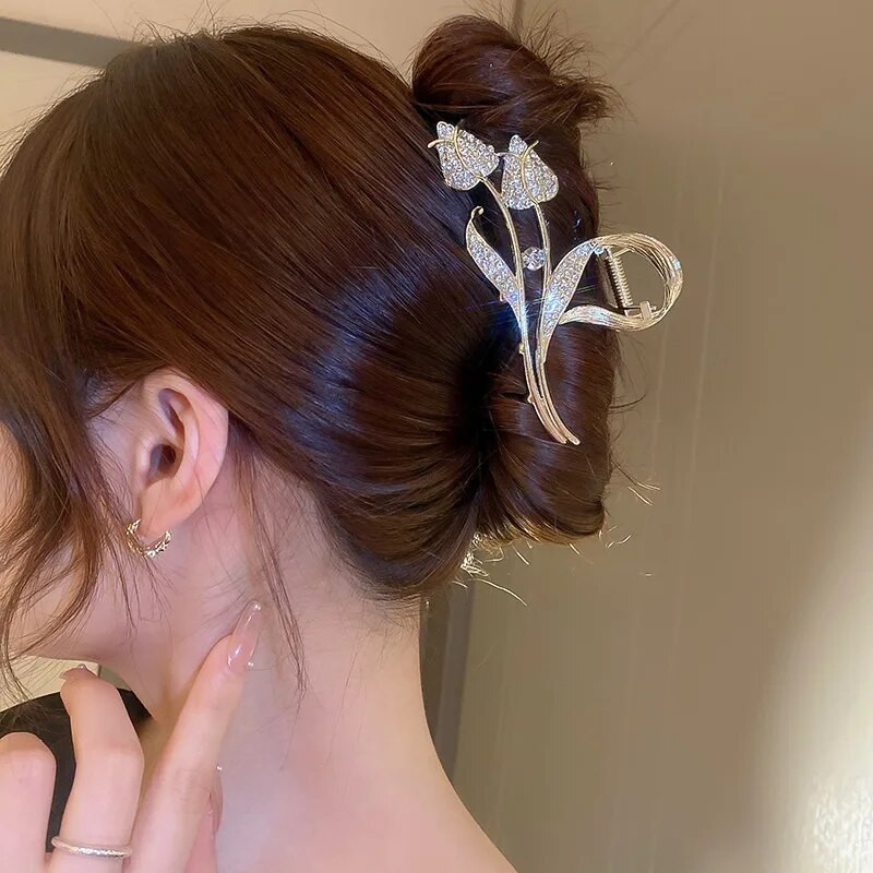 Melnas lapas Metāla Rhinestone matu spīle ģeometriska matu sprādze Eleganta sieviešu matu satvērēja sprādze Modes galvassegas dāvanām matu aksesuāri